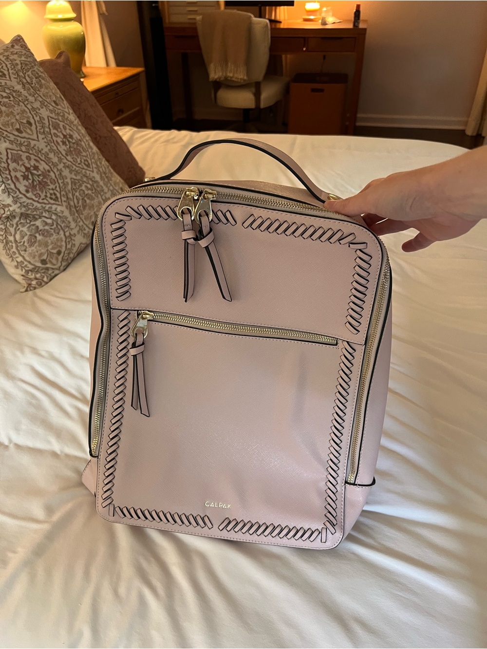 Calpak Pale Pink Structured Backpack with Braided Trim